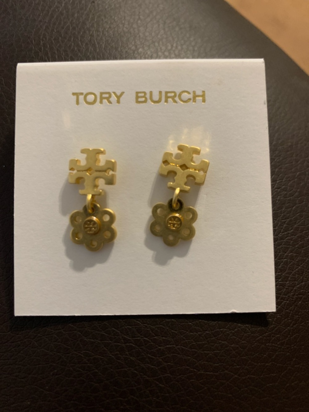 Tory Burch Gold Floral Logo Drop Earrings